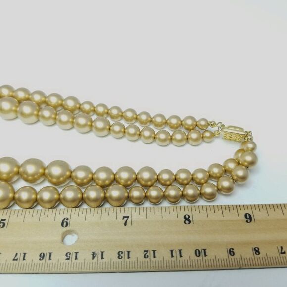 Vintage Two Strand Gold Tone Beaded Necklace, Graduated Size, Retro 60s Style - Picture 3 of 4